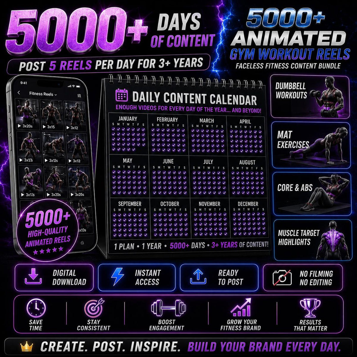 5000+ Fitness Reels Bundle | Faceless Gym Workout Videos new