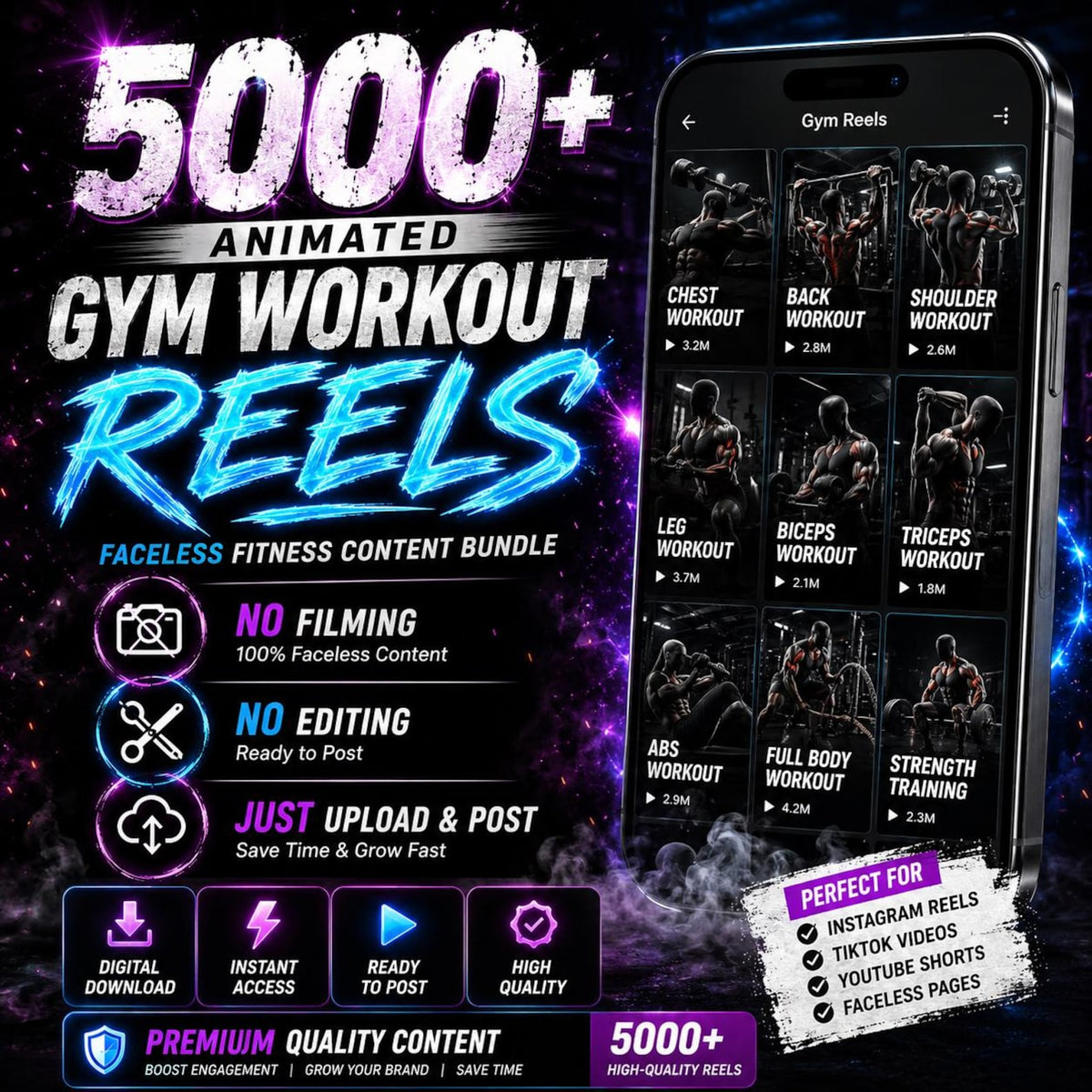 5000+ Fitness Reels Bundle | Faceless Gym Workout Videos new