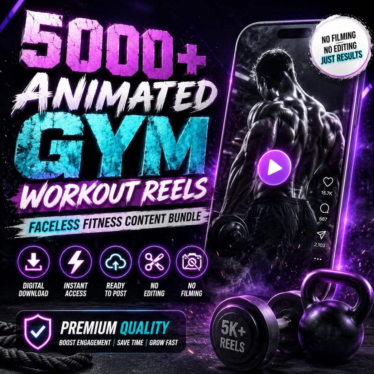 5000+ Fitness Reels Bundle | Faceless Gym Workout Videos new
