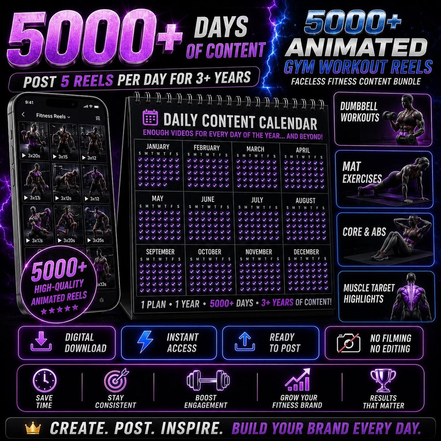 5000+ Fitness Reels Bundle | Faceless Gym Workout Videos new